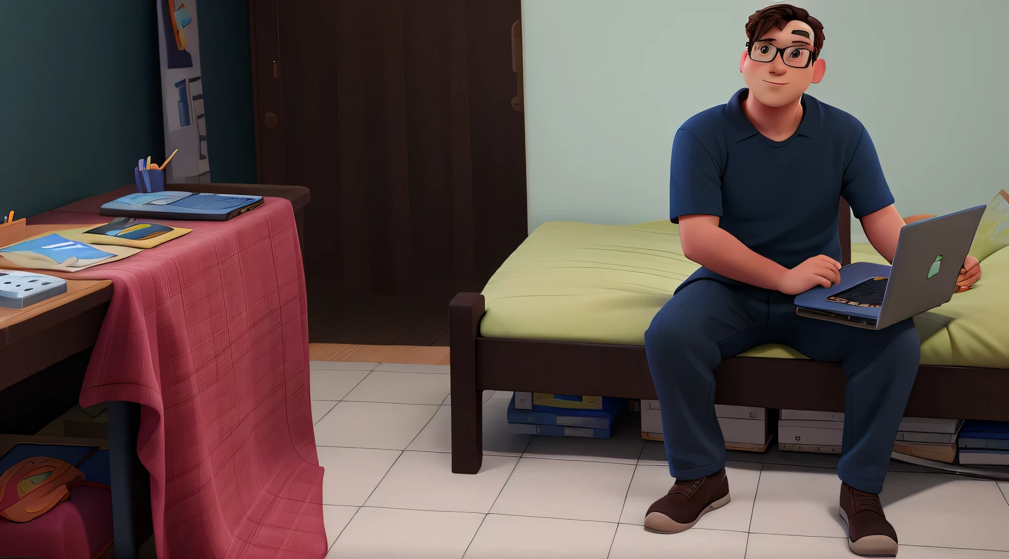 um homem sentado em uma cama com um laptop, Estilo 3D da Disney Pixar, alta qualidade, melhor qualidade.
