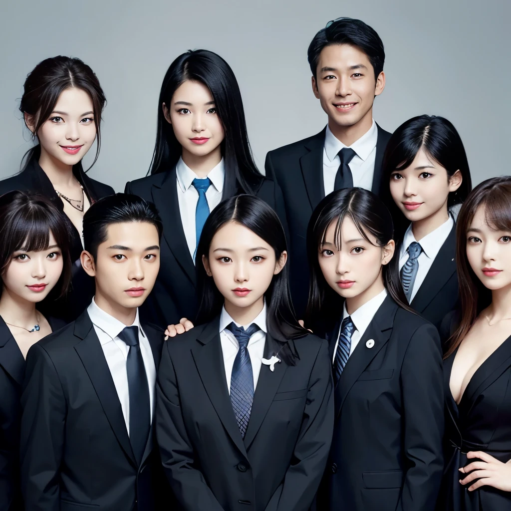 incredible resolution、High resolution、(masterpiece:1.4)、Super detailed、vivid details、young black-haired Japanese、Multiple Women、 25 years old、upper body view、All in suits、smile、slender body shape、light gray color wallpaper background、