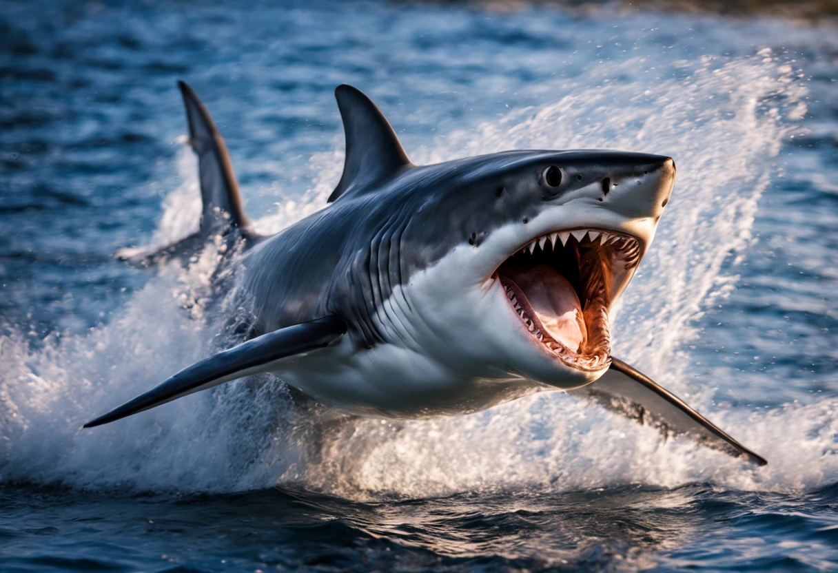 (best quality,highres:1.2),ultra-detailed,realistic,photograph of a shark,underwater scene,vivid colors,sharp focus,rippling water surface,majestic creature,sleek and powerful body,gleaming teeth and jaws,ominous presence,intricate details of the shark's skin,perfectly captured motion,crystal clear visibility,deep blue water,sunlight penetrating the depths,subtle play of light and shadow,reflection and refraction effects,professional shot,HDR effect,natural habitat ambiance,added drama and intensity,immersive experience.