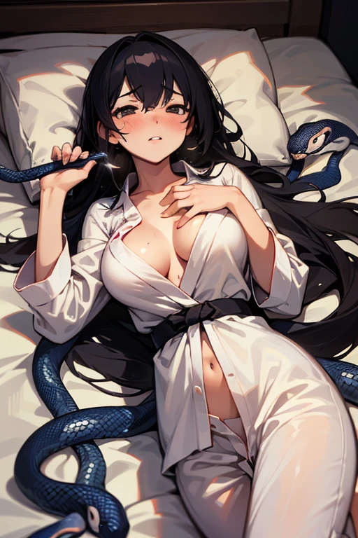 nsfw, girl lays on a bed, 1girl, solo, breasts, ,black hair, long hair ,((lying on back)), (pajamas),  white pajamas, (Background: Bedroom with tatami mats), on the bed sheet, lying, on back, sleeping, (large breasts),blush,(embarrassed), surprised, (upset:1.0), parted lips, sweat, (snakes 1.5), (snake tail),pretty girl, (looking up:1.0), night, steam, best quality,detailed,high resolution,
