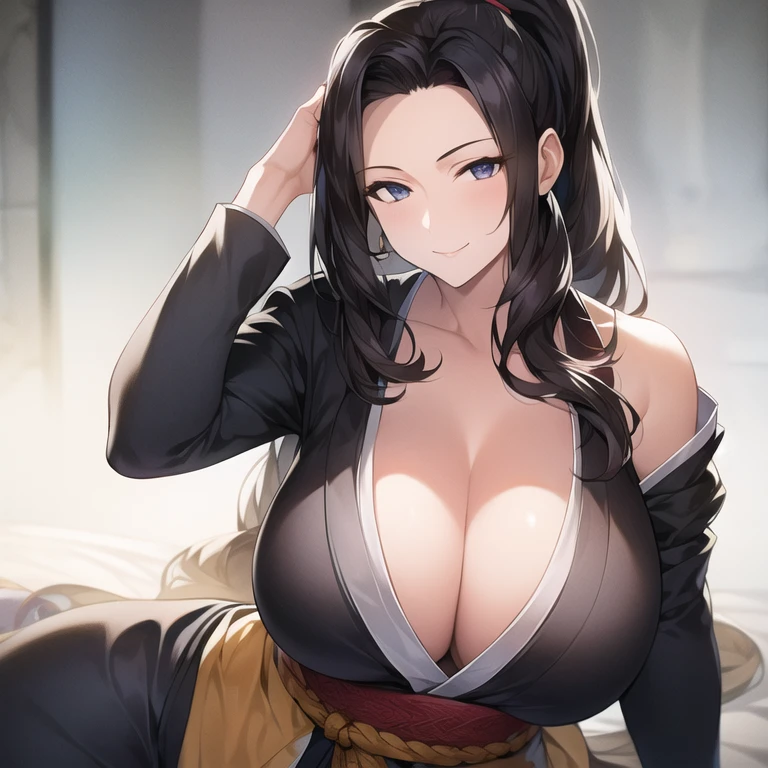 ((masterpiece)), ((best quality)), (ultra-detailed), (realistic), beautiful face, detailed hands, 1girl, solo, mature female, milf, motherly, forehead, big breasts, narrow waist, wide hips, curvy, straight hair, long hair, high ponytail, dark hair, dark eyes, white kimono, cleavage, dojo, looking at viewer, cowboy shot, seductive smile, seductive pose, sitting