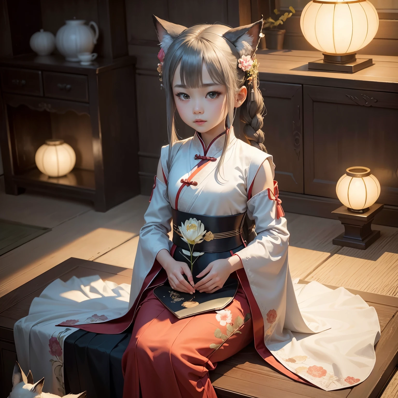 ((4k,masterpiece,best quality)), shuimobysim, Traditional chinese painting, lotuses, Hanfu, maxiskit, dress conservatively 1 girl, 独奏, gray hairs, length hair, fox ear, white colors, 比基尼, fishs, Many fish are close to the girl, looking looking at viewer, tease,Real and detailed face 1 little girl shirtless