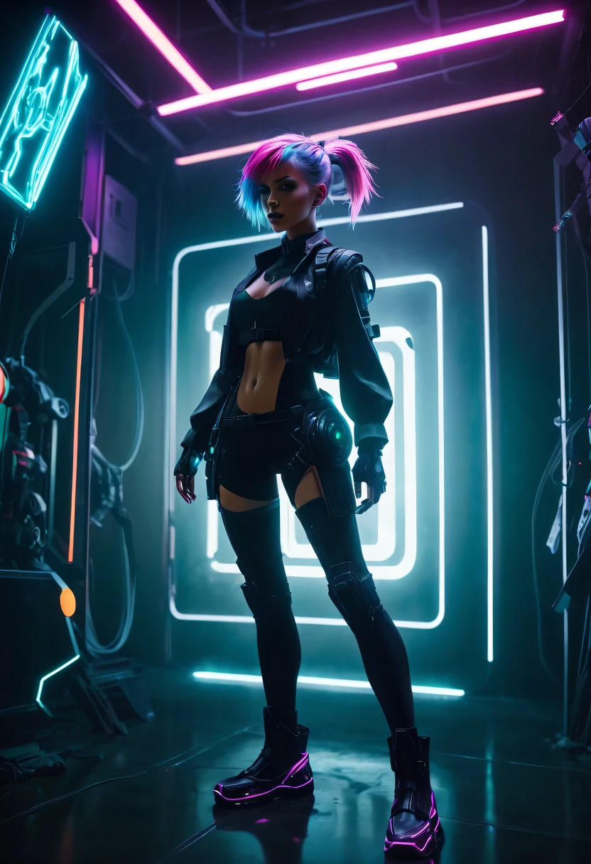 two-dimensional，Liberation shoes，female characters，standing posture，beach umbrella，neon lights头发，high ponytail，arm me，Focus on expression，energy bow，mechanical limbs，stealth drone，Liberation shoes，cyberpunk，Steampunk，fault art，Holographic projection，mechanical aesthetics，laser light，neon lights，fluorescence，glow effect，bioluminescence，Hermaphrodite Lighting，rainbow foil，Unreal Engine