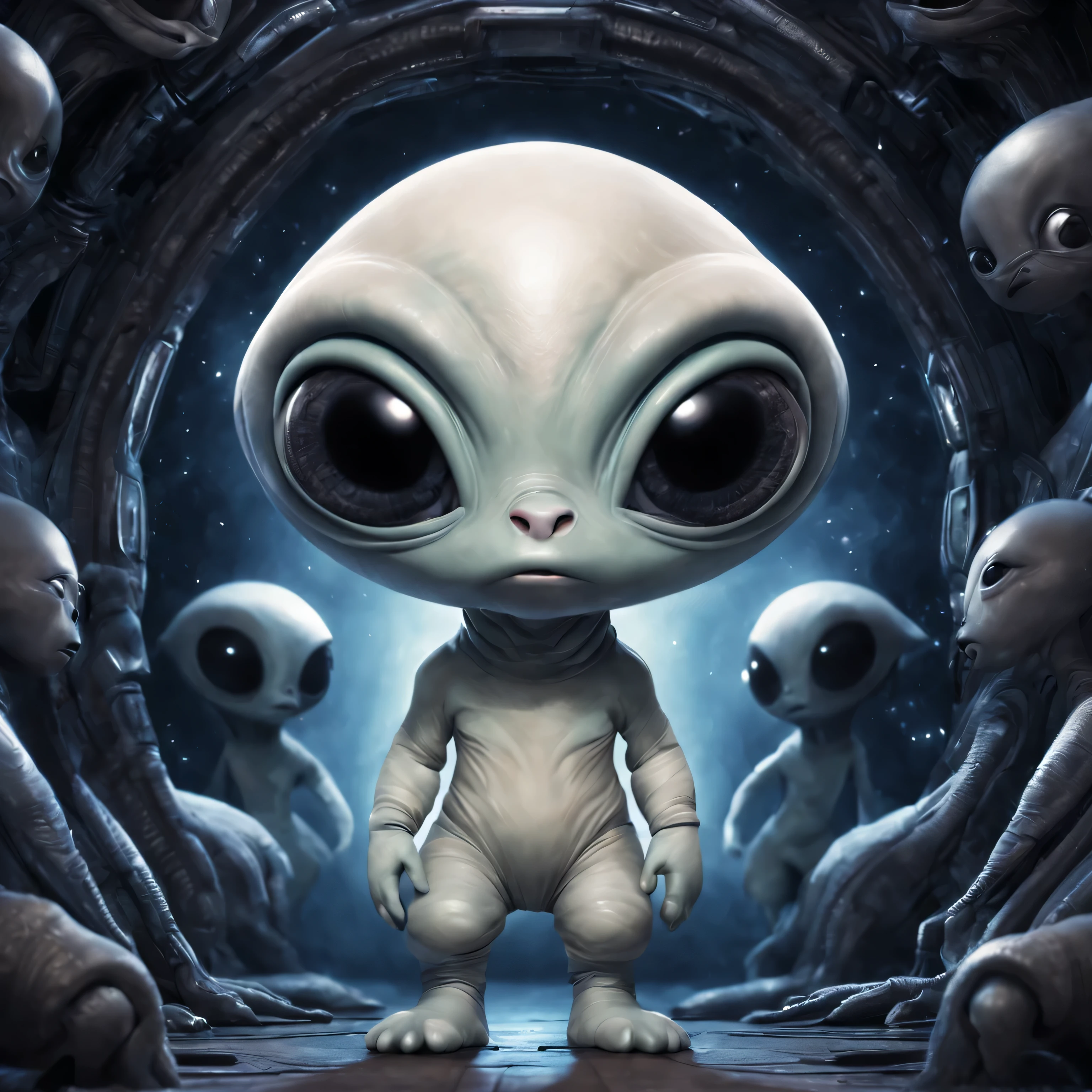 Tiro certeiro, full body view, Sujeito no centro, and aliens, Symmetrical, corpo curto, pernas curtas, short arms, big head, Enormes olhos negros, narizinho, boquinha, Pele branca