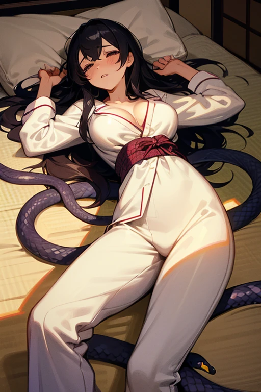 girl lays on a bed, 1girl, solo, breasts, ,black hair, long hair ,((lying on back)), (pajamas), white pajamas, (Background: Bedroom with tatami mats), on the bed sheet, lying, on back, sleeping, (large breasts),blush,(embarrassed), surprised, (upset:1.0), parted lips, sweat, (snakes 1.5), (snake tail),pretty girl, (looking up:1.0), night, steam, best quality,detailed,high resolution,