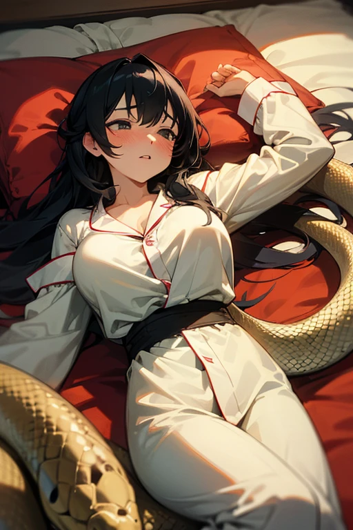 girl lays on a bed, 1girl, solo, breasts, ,black hair, long hair ,((lying on back)), (pajamas), white pajamas, (Background: Bedroom with tatami mats), on the bed sheet, lying, on back, sleeping, (large breasts),blush,(embarrassed), surprised, (upset:1.0), parted lips, sweat, (snakes 1.5), (snake tail),pretty girl, (looking up:1.0), night, steam, best quality,detailed,high resolution,