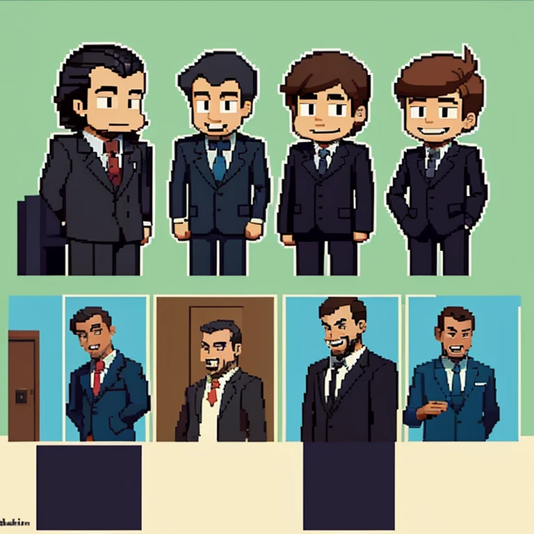 in 8-bit cartoon art style, five gentlemen laughing, in suits standing side by side