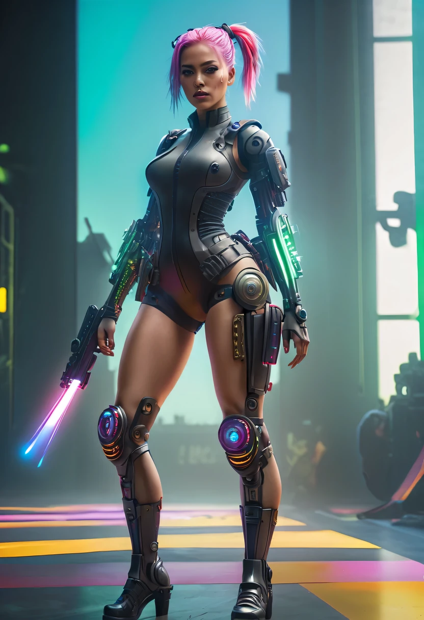 two-dimensional，Liberation shoes，female characters，standing posture，beach umbrella，neon lights头发，high ponytail，arm me，Focus on expression，energy bow，mechanical limbs，stealth drone，Liberation shoes，cyberpunk，Steampunk，fault art，Holographic projection，mechanical aesthetics，laser light，neon lights，fluorescence，glow effect，bioluminescence，Hermaphrodite Lighting，rainbow foil，Unreal Engine