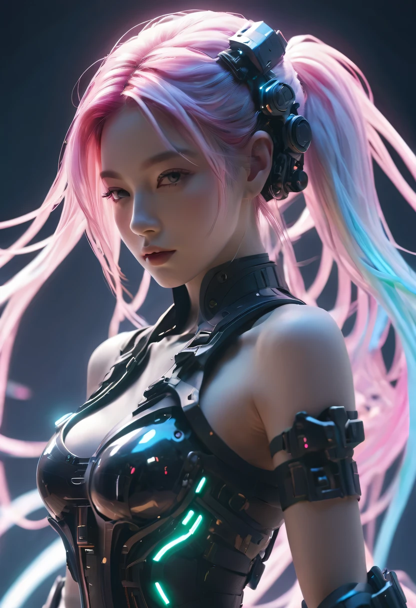 two-dimensional，Liberation shoes，female characters，standing posture，beach umbrella，neon lights头发，high ponytail，arm me，Focus on expression，energy bow，mechanical limbs，stealth drone，Liberation shoes，cyberpunk，Steampunk，fault art，Holographic projection，mechanical aesthetics，laser light，neon lights，fluorescence，glow effect，bioluminescence，Hermaphrodite Lighting，rainbow foil，Unreal Engine