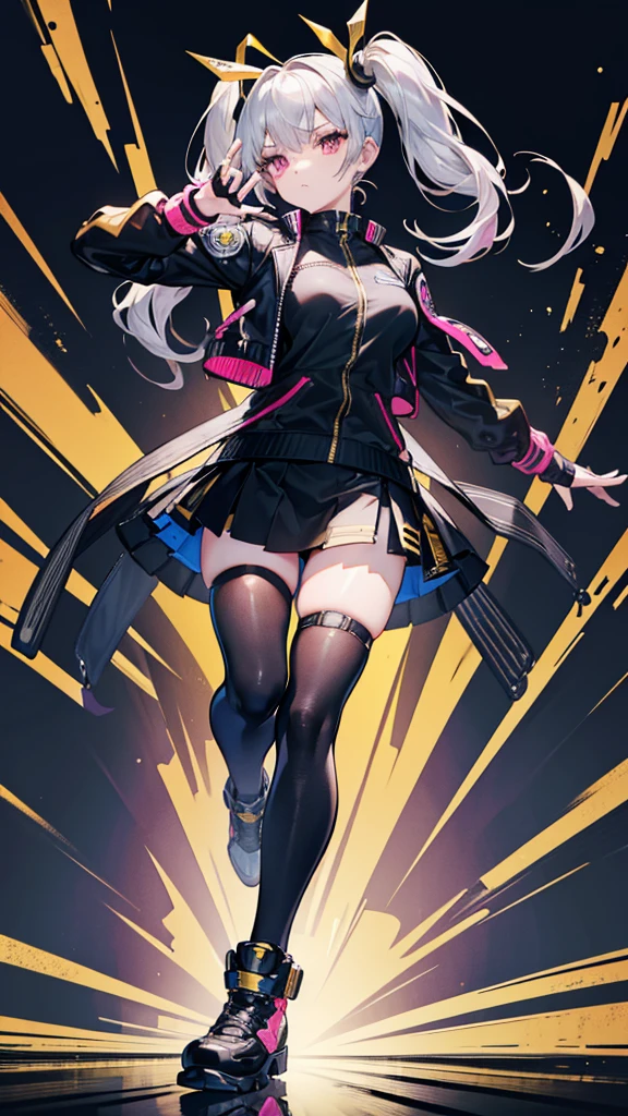 8K,Ultra Detail,ultra-quality,ultra precision,ultimate masterpiece,No extra arms,No extra legs,No extra fingers,No extra hands,Stylish Girl in fighting,bomber jacket(black&gold),short skirt,long boots(black),twintail(silver base color & pink mesh color),located  Tokyo city,view front,Stylish fighting pose,motive for street_fighter from  CAPCOM,splashed black_ink effect,your perfect ultimate AI artist!!,