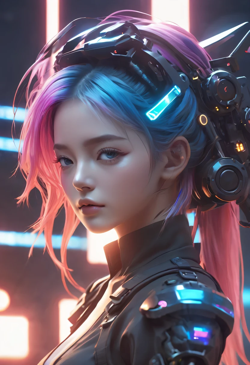 two-dimensional，Liberation shoes，female characters，standing posture，beach umbrella，neon lights头发，high ponytail，arm me，Focus on expression，energy bow，mechanical limbs，stealth drone，Liberation shoes，cyberpunk，Steampunk，fault art，Holographic projection，mechanical aesthetics，laser light，neon lights，fluorescence，glow effect，bioluminescence，Hermaphrodite Lighting，rainbow foil，Unreal Engine