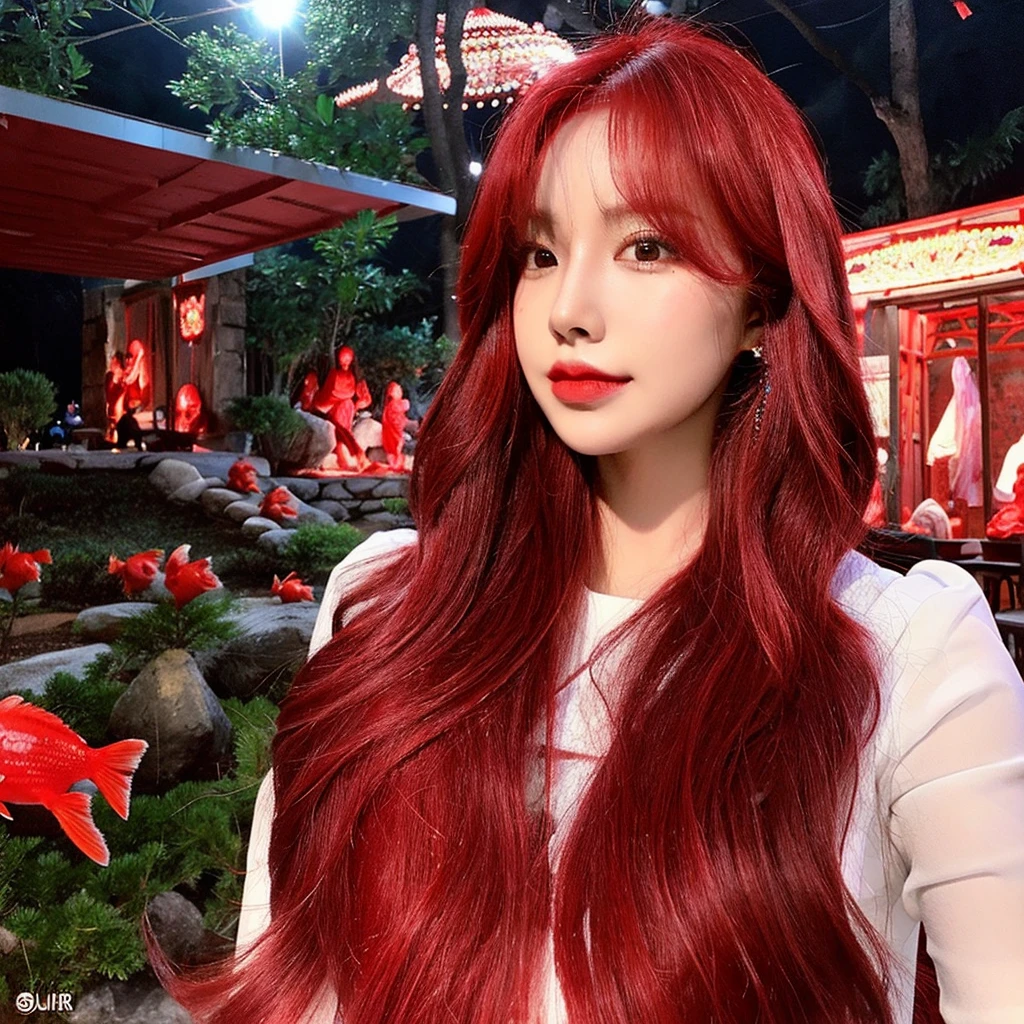 um close up de uma mulher com cabelos ruivos e piercings, cabelos tingidos de vermelho, com longos cabelos ruivos, peruca vermelha, cabelos longos vermelhos, cabelo carmesim vermelho, cabelos longos ruivos cabelos brancos estriados, cabelos longos e ondulados vermelhos, com cabelos ruivos, cabelo vermelho carmesim, cabelos vermelhos ondulados muito longos, red hair and attractive features, red hair, cabelos ruivos brilhantes, fish tank, living waters