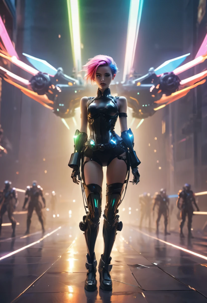 two-dimensional，Liberation shoes，female characters，standing posture，beach umbrella，neon lights头发，high ponytail，arm me，Focus on expression，energy bow，mechanical limbs，stealth drone，Liberation shoes，cyberpunk，Steampunk，fault art，Holographic projection，mechanical aesthetics，laser light，neon lights，fluorescence，glow effect，bioluminescence，Hermaphrodite Lighting，rainbow foil，Unreal Engine