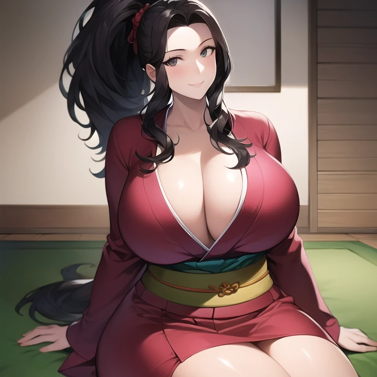 ((masterpiece)), ((best quality)), (ultra-detailed), (realistic), beautiful face, detailed hands, 1girl, solo, mature female, milf, motherly, forehead, big breasts, narrow waist, wide hips, curvy, straight hair, long hair, high ponytail, dark hair, dark eyes, white kimono, cleavage, dojo, looking at viewer, cowboy shot, seductive smile, sitting