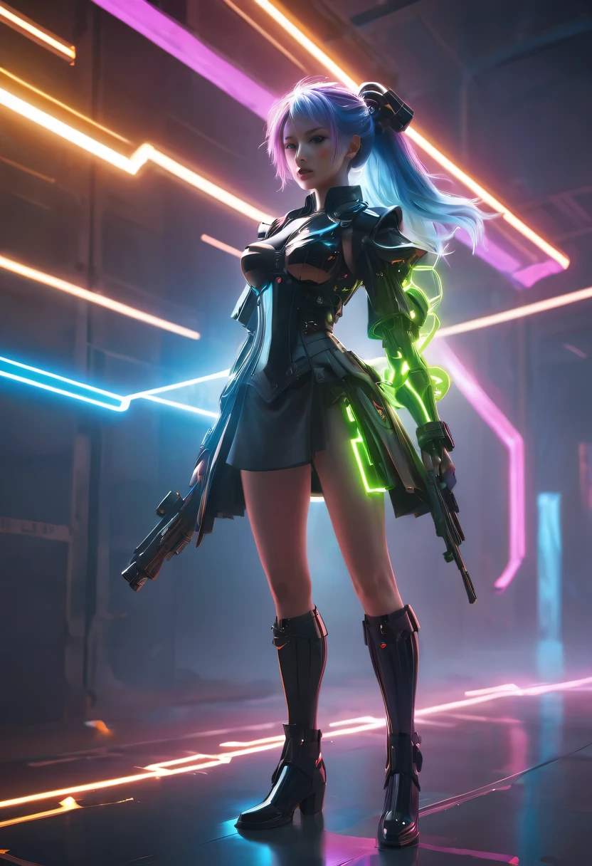 two-dimensional,Liberation shoes,female characters,standing posture,beach umbrella,neon lights头发,high ponytail,arm me,Focus on expression,energy bow,mechanical limbs,stealth drone,Liberation shoes,cyberpunk,Steampunk,fault art,Holographic projection,mechanical aesthetics,laser light,neon lights,fluorescence,glow effect,bioluminescence,Hermaphrodite Lighting,rainbow foil,Unreal Engine