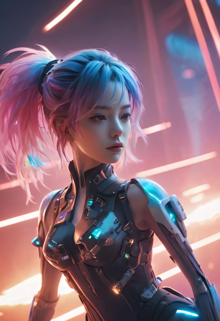 two-dimensional,Liberation shoes,female characters,standing posture,beach umbrella,neon lights头发,high ponytail,arm me,Focus on expression,energy bow,mechanical limbs,stealth drone,Liberation shoes,cyberpunk,Steampunk,fault art,Holographic projection,mechanical aesthetics,laser light,neon lights,fluorescence,glow effect,bioluminescence,Hermaphrodite Lighting,rainbow foil,Unreal Engine