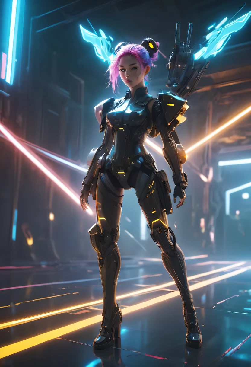 two-dimensional,Liberation shoes,female characters,standing posture,beach umbrella,neon lights头发,high ponytail,arm me,Focus on expression,energy bow,mechanical limbs,stealth drone,Liberation shoes,cyberpunk,Steampunk,fault art,Holographic projection,mechanical aesthetics,laser light,neon lights,fluorescence,glow effect,bioluminescence,Hermaphrodite Lighting,rainbow foil,Unreal Engine