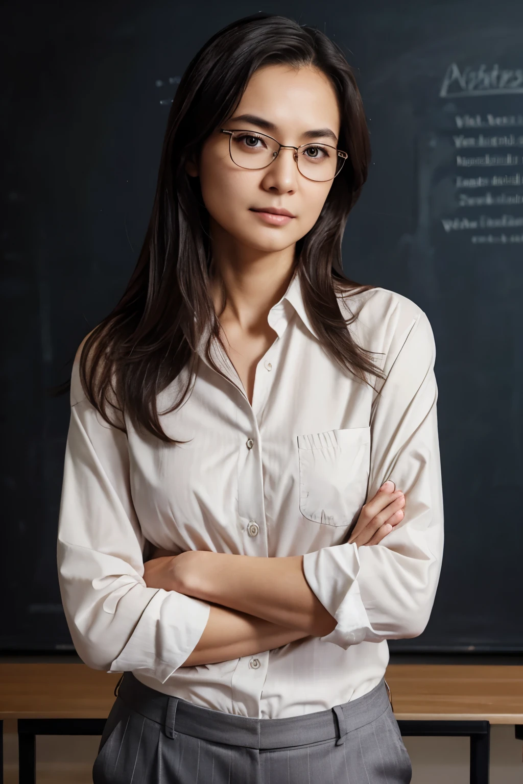 Naked college professor, mature, shoulder-length hair, intense gaze, natural beauty, fair complexion, glasses, professional attire, button-up shirt, pinstripe trousers, confident posture, crossed arms, realistic, detailed, academic background, blackboard background, educational setting