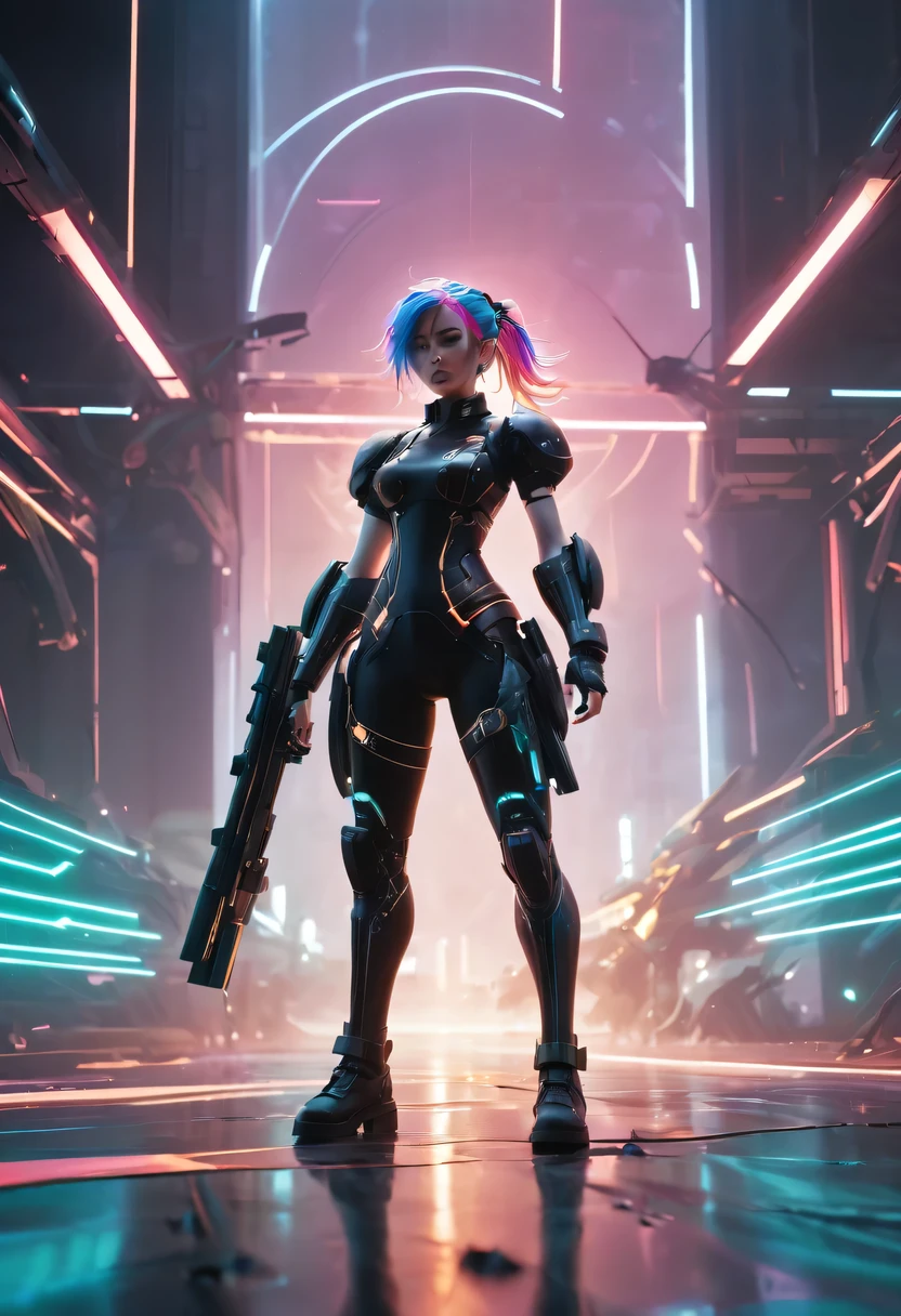 two-dimensional,Liberation shoes,female characters,standing posture,beach umbrella,neon lights头发,high ponytail,arm me,Focus on expression,energy bow,mechanical limbs,stealth drone,Liberation shoes,cyberpunk,Steampunk,fault art,Holographic projection,mechanical aesthetics,laser light,neon lights,fluorescence,glow effect,bioluminescence,Hermaphrodite Lighting,rainbow foil,Unreal Engine