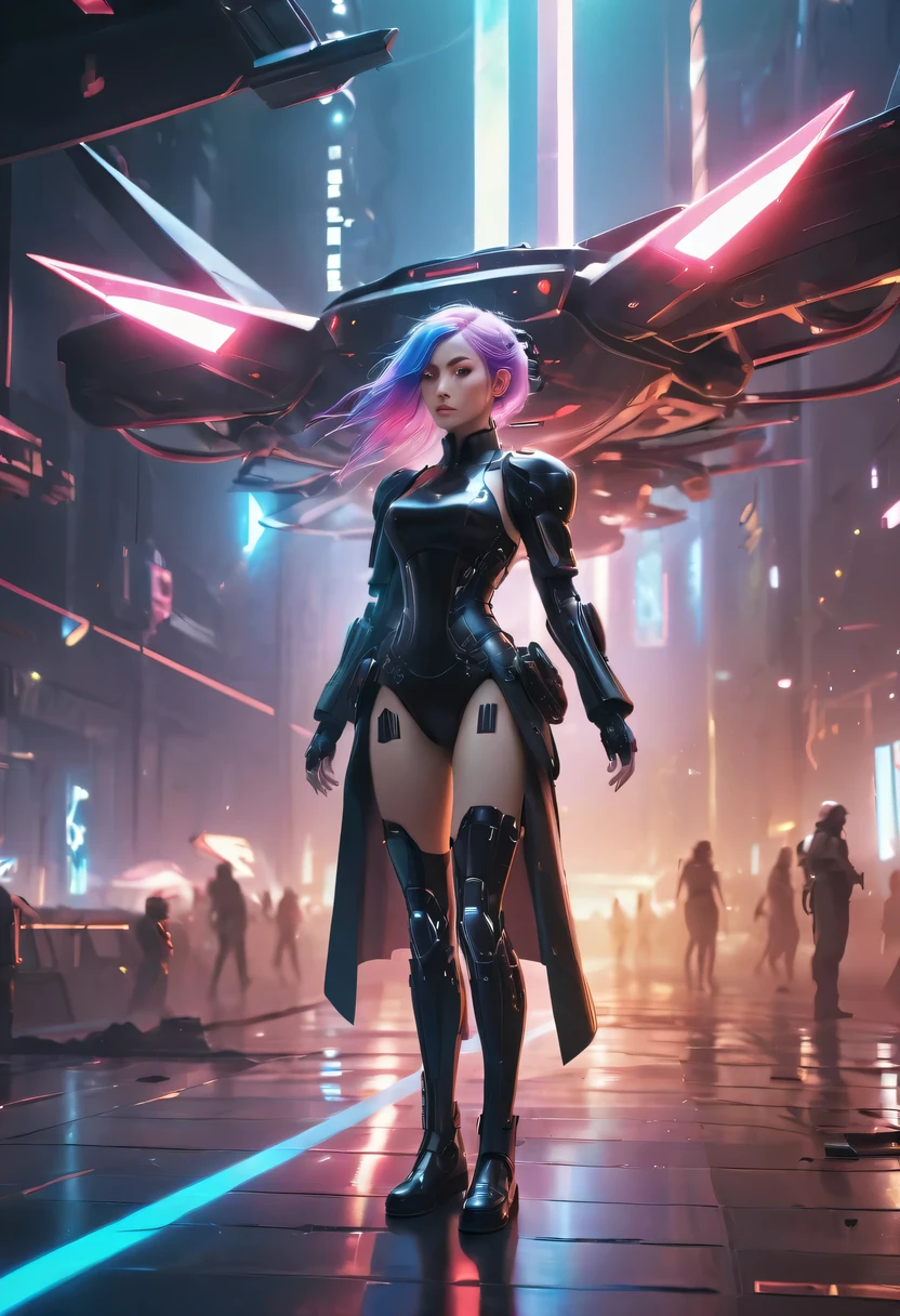 two-dimensional，Liberation shoes，female characters，standing posture，beach umbrella，neon lights头发，high ponytail，arm me，Focus on expression，energy bow，mechanical limbs，stealth drone，Liberation shoes，cyberpunk，Steampunk，fault art，Holographic projection，mechanical aesthetics，laser light，neon lights，fluorescence，glow effect，bioluminescence，Hermaphrodite Lighting，rainbow foil，Unreal Engine