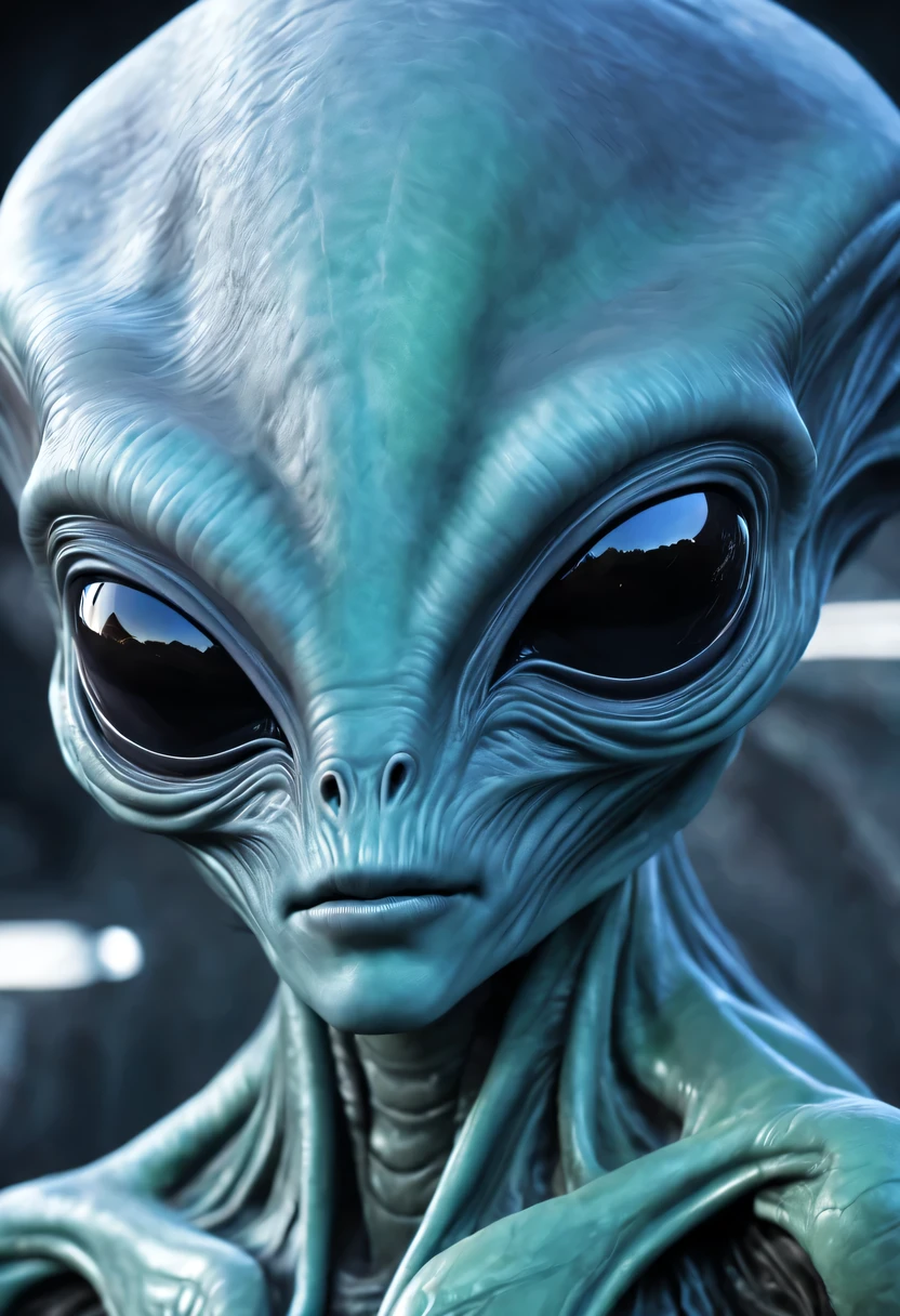 (detalhado, realista) An alien with a symmetrical and centered composition. The alien has a short body, pernas curtas, and short arms. Its most prominent feature is its large head with a vibrant, Otherworldly appearance. The head is adorned with detalhado features, incluindo enormes olhos negros que cativam com seu olhar misterioso. The alien has a small nose and a small mouth, adding to its unique and intriguing appearance. Her skin is pale white, lending an ethereal, otherworldly quality to its overall presence. Image quality is of the highest caliber, with ultra-detalhado rendering and realism, showing every intricate detail of the alien's features. The final piece is a masterpiece in 4K or 8K resolution, ensuring maximum clarity and sharp focus. A paleta de cores inclina-se para tons frescos, with an emphasis on contrasting tones to highlight the alien's enigmatic aura. The lighting is expertly executed, creating soft highlights and shadows that play with the contours of the alien's face and head. This prompt combines the elements of science fiction, Retrato, e Arte Conceitual, resultando em uma imagem visualmente impressionante e instigante.