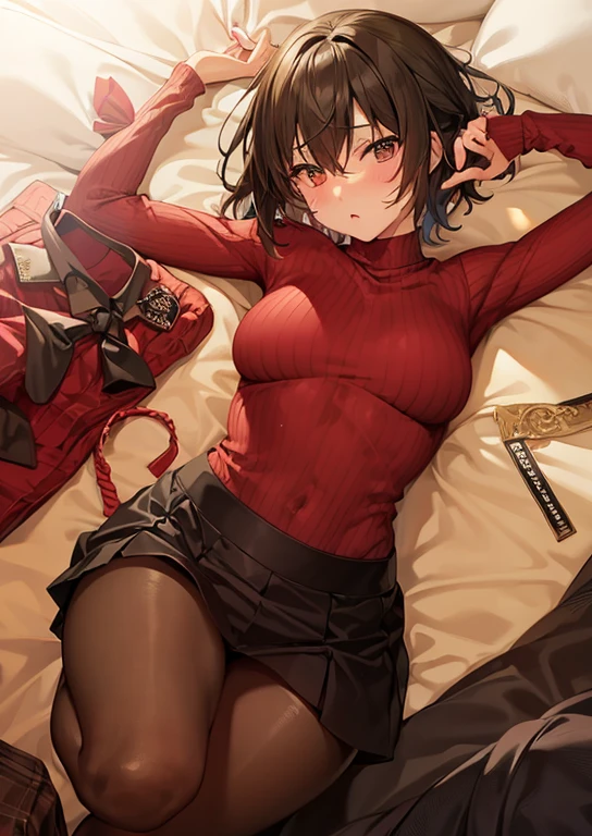 {{{{femboy、trap、fake girl、otoko no ko、lissome、slender、flat chest、poor chest、sloping shoulders、crotch、bulge、junk、package}}}}、{{thin waist}}、{{brown hair、short hair、Red knitted sweater、black skirt、black stockings、long sleeve、red cheeks}}