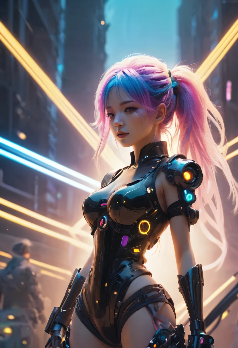two-dimensional,Liberation shoes,female characters,standing posture,beach umbrella,neon lights头发,high ponytail,arm me,Focus on expression,energy bow,mechanical limbs,stealth drone,Liberation shoes,cyberpunk,Steampunk,fault art,Holographic projection,mechanical aesthetics,laser light,neon lights,fluorescence,glow effect,bioluminescence,Hermaphrodite Lighting,rainbow foil,Unreal Engine