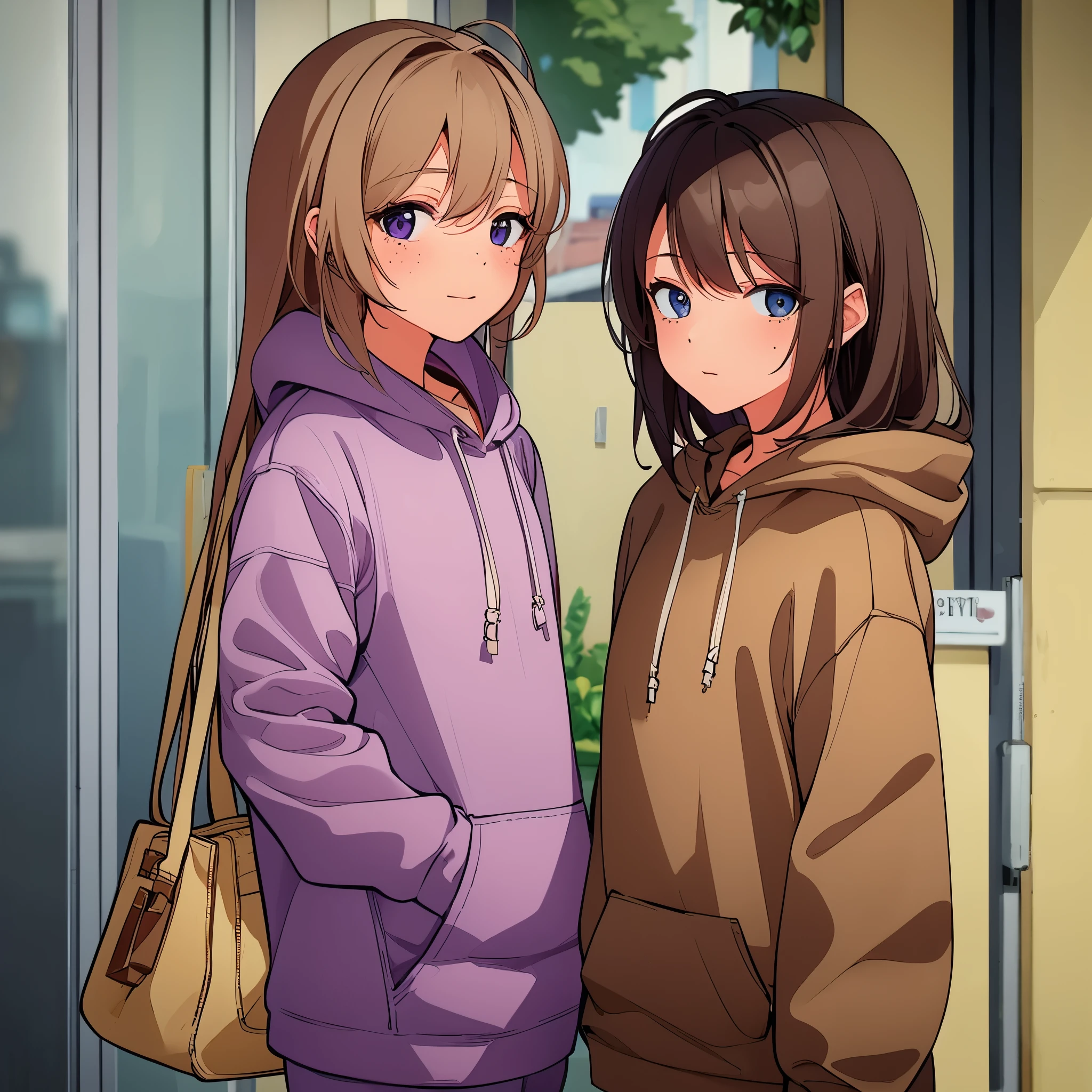 Name:Dusk
Eye color: light Brown
Hair color: Brown
Outfit: Purple pullover hoodie with white stripes
Gender:Female
Has bags under her eyes.
has freckles.