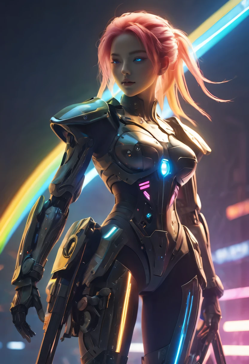 two-dimensional,Liberation shoes,female characters,standing posture,beach umbrella,neon lights头发,high ponytail,arm me,Focus on expression,energy bow,mechanical limbs,stealth drone,Liberation shoes,cyberpunk,Steampunk,fault art,Holographic projection,mechanical aesthetics,laser light,neon lights,fluorescence,glow effect,bioluminescence,Hermaphrodite Lighting,rainbow foil,Unreal Engine