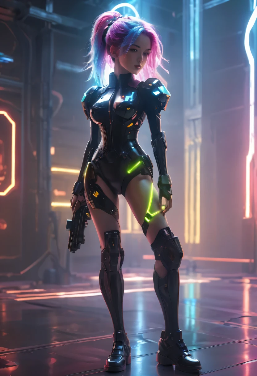 ((full body, standing):1.5), {((1 woman))}, {((with bionic body parts, wearing extremely tight black sleeveless shirt, short gin shorts)), ((very large breasts)), ((very short, straight pink hair, blue eyes)), staring at the viewer, smiling, ((striking an erotic pose)), ((in a futuristic spaceship, in front of an elevator, window showing the outer space, futuristic machines, humanoid robots, pipes with lights))}, 16k, best quality, best resolution, best sharpness, ultra detailed