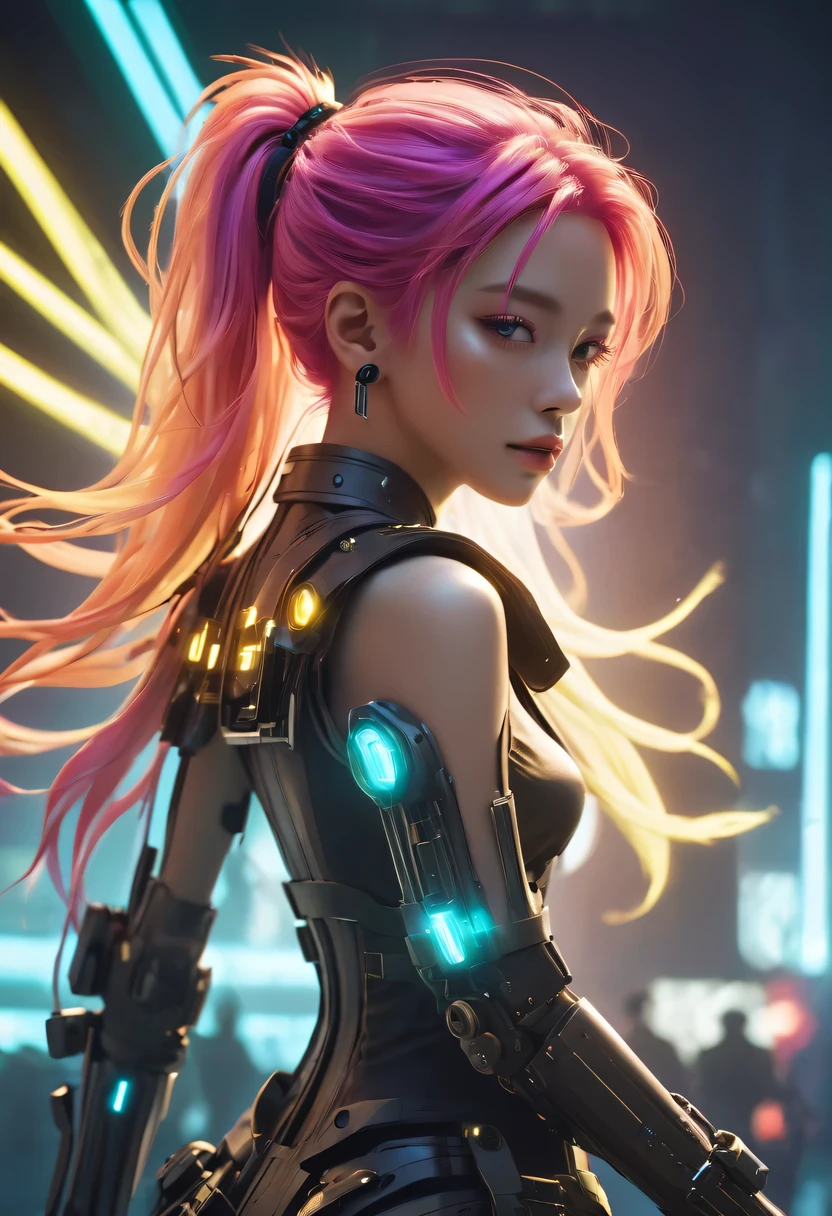 two-dimensional,Liberation shoes,female characters,standing posture,beach umbrella,neon lights头发,high ponytail,arm me,Focus on expression,energy bow,mechanical limbs,stealth drone,Liberation shoes,cyberpunk,Steampunk,fault art,Holographic projection,mechanical aesthetics,laser light,neon lights,fluorescence,glow effect,bioluminescence,Hermaphrodite Lighting,rainbow foil,Unreal Engine