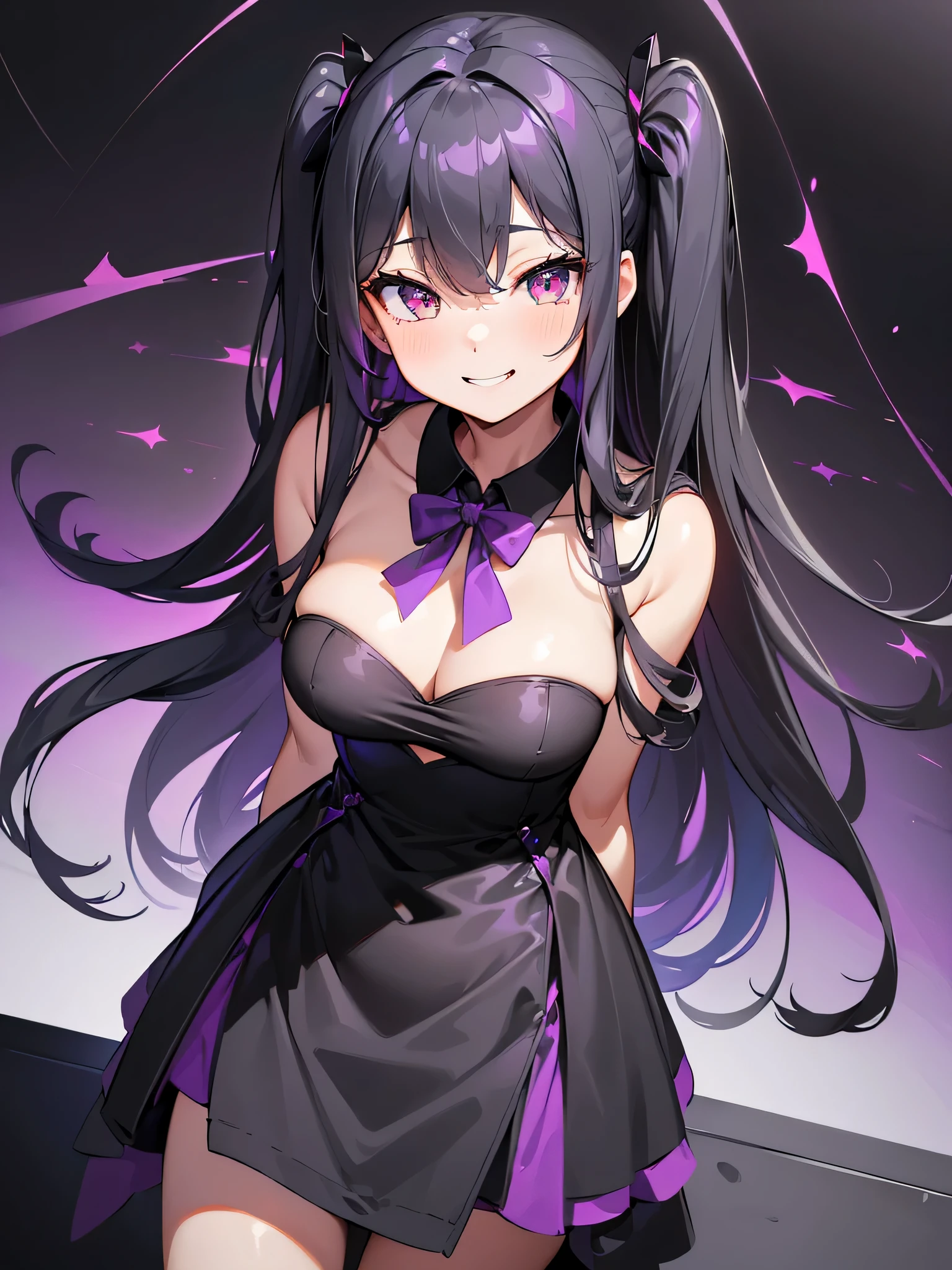 (debris flies, highest quality, ultra high resolution),1 girl,(black dress beautiful、detailed face, fine eyes,((gray and purple theme)),standing in front of a pure white wall、facing forward,smile、smile,cheeks are red,whole body,Beautiful eyes that everyone envy