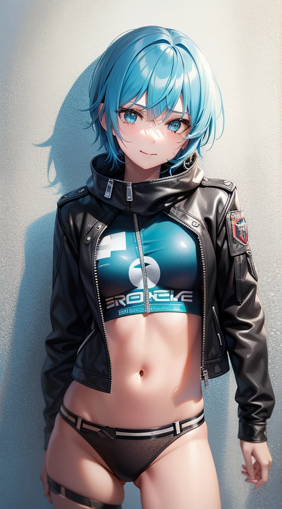 young girl, long turquoise hair, punk haircut, turquoise eyes, Scars, punk make-up, leather jacket, Burns, ripped clothes, madness, smirk, Masterpiece, highly quality, show ass, tiny ass, thin leg