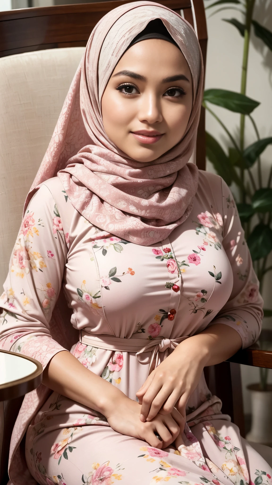 ( Close Up),RAW, Best quality, high resolution, masterpiece: 1.3), beautiful Malay woman in hijab,Masterpiece, perfect fit body, big breast,big gorgeous eyes, Soft smile,beutiful face,thick thighs, woman in a floral dress sitting on a chair with a flower vase, floral, flowery, katelynn mini cute style, white hijab, hijab, floral patterned skin , Excellent lighting, Bright colors, Clean lines,