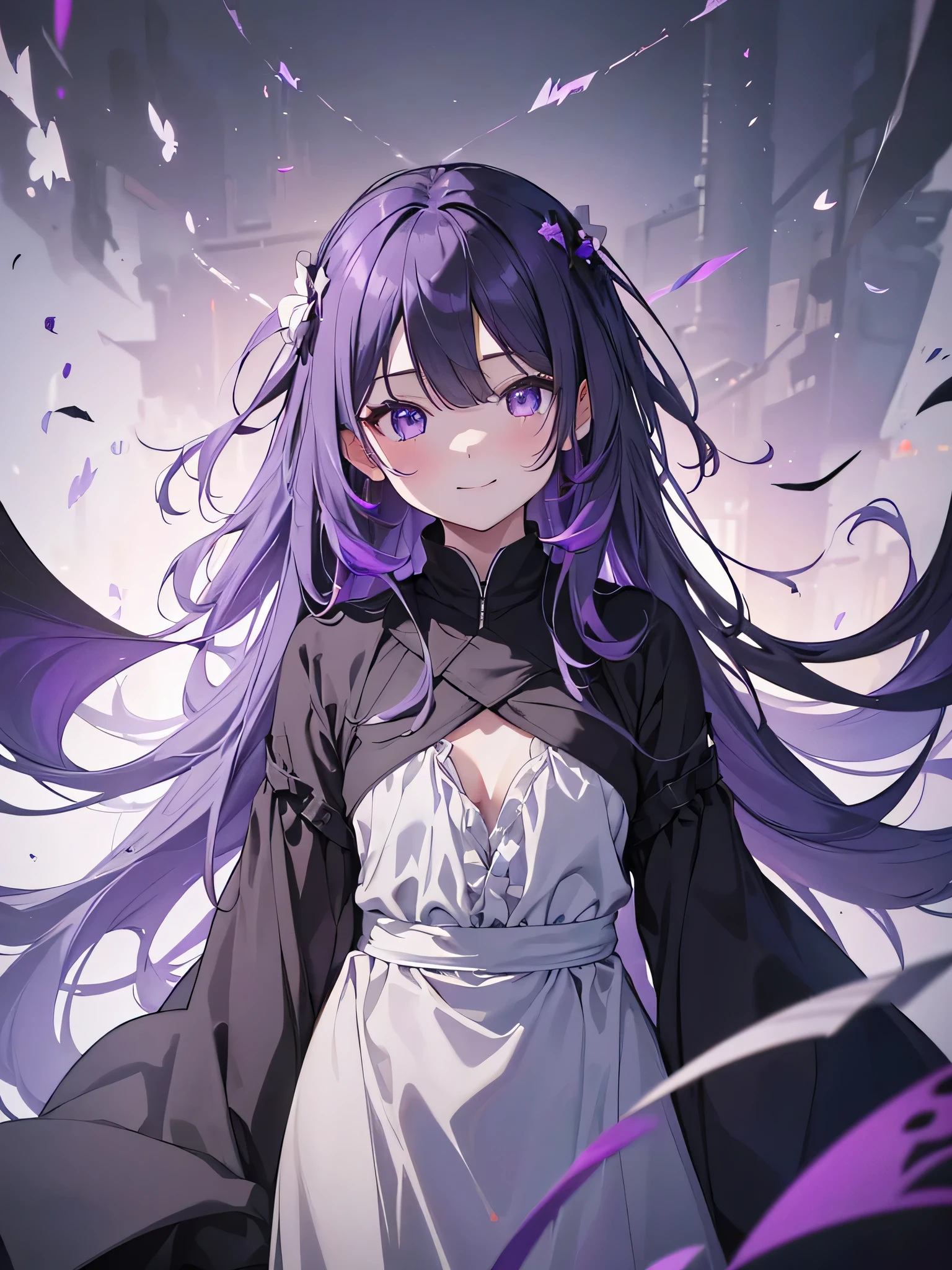 (debris flies, highest quality, ultra high resolution),1 girl,(black dress beautiful、detailed face, fine eyes,((gray and purple theme)),standing in front of a pure white wall、facing forward,smile、smile,cheeks are red,whole body,Beautiful eyes that everyone envy