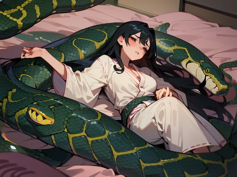 girl lays on a bed, 1girl, solo, breasts, ,black hair, long hair ,((lying on back)), (pajamas:1.0), white pajamas, (Background: Bedroom with tatami mats), on the bed sheet, lying, on back, sleeping, (large breasts),blush,(embarrassed), surprised, (upset:1.0), parted lips, sweat, (snakes 1.5), (anaconda:1.5), (snake tail),pretty girl, (looking up:1.0), night, steam, best quality,detailed,high resolution,