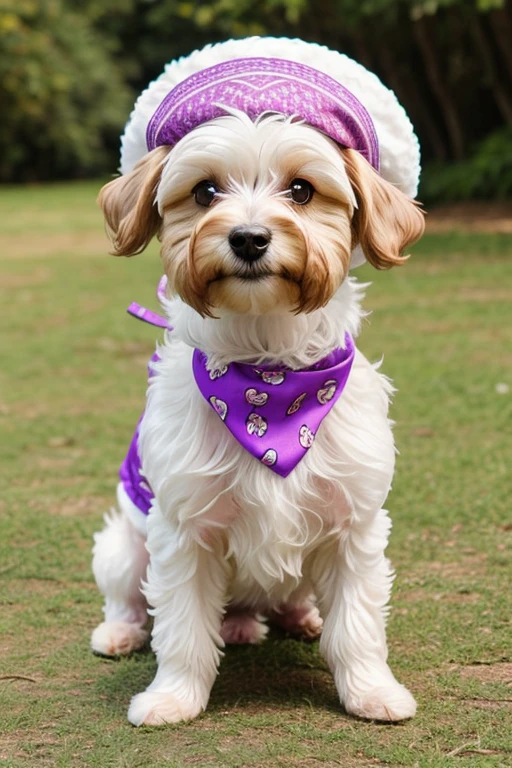breed dog, yorkshíre Terrier, Maltese, fofos posando para uma foto usando roupas fofas, luxurious hat, ties, bandanas, vestido, Cores fofas, children's clothing colors for dogs.