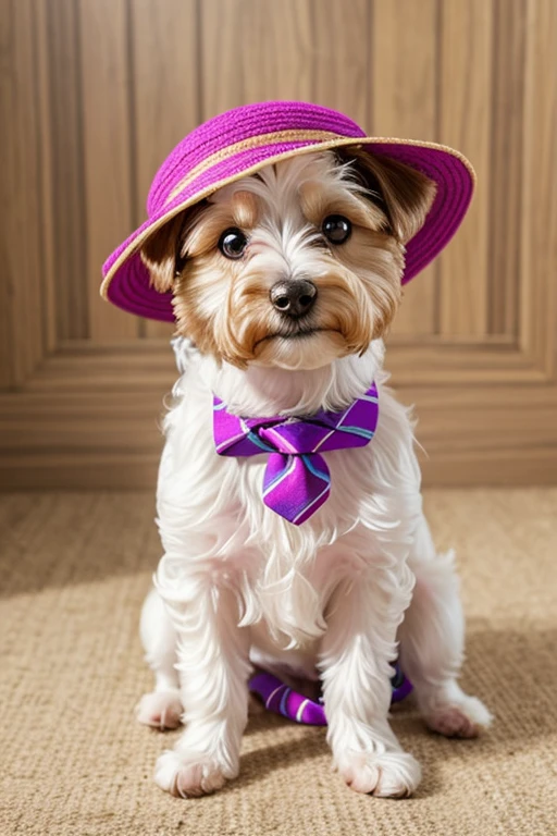 breed dog, yorkshíre Terrier, Maltese, fofos posando para uma foto usando roupas fofas, luxurious hat, ties, bandanas, vestido, Cores fofas, children's clothing colors for dogs.