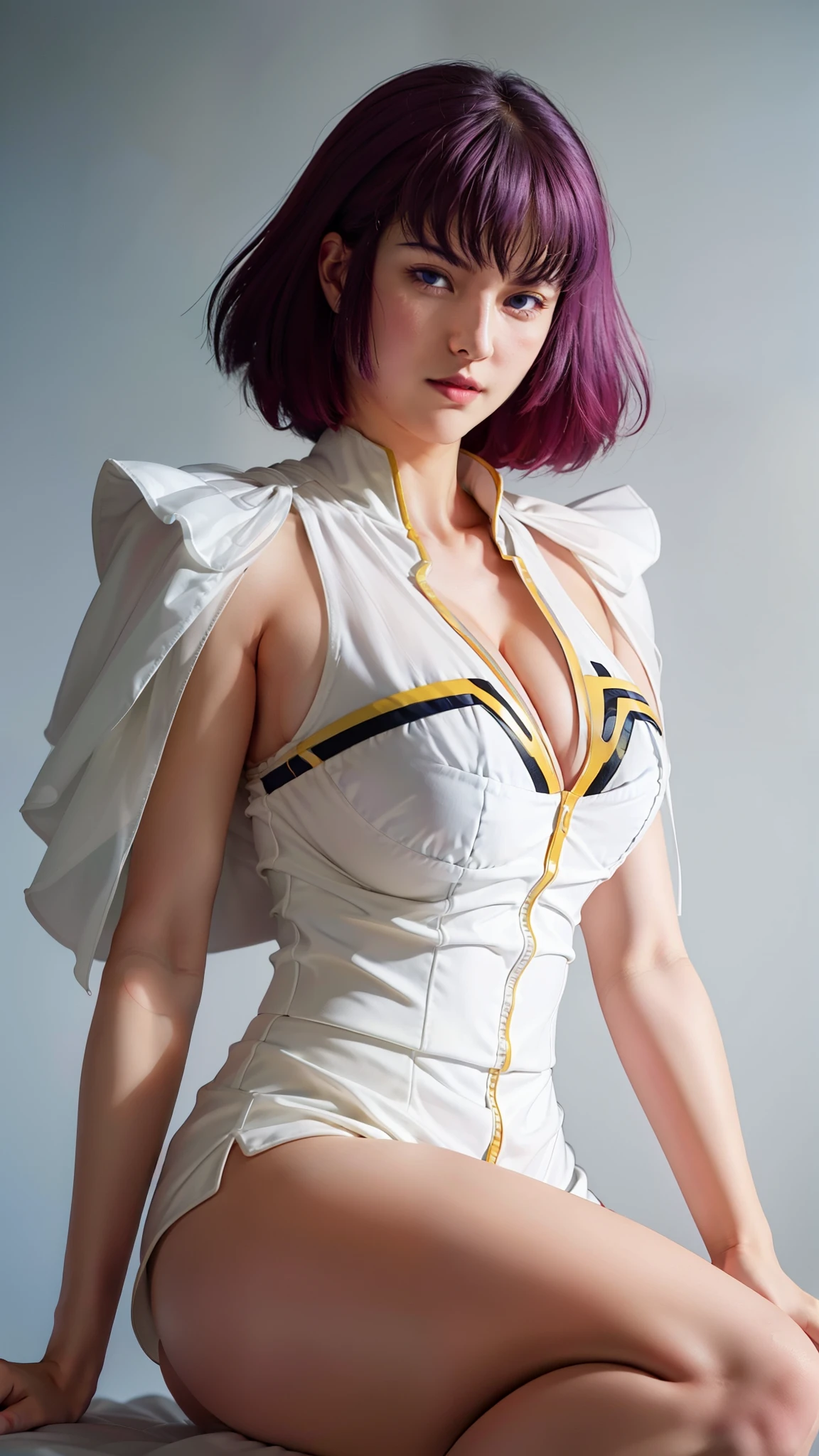 (((Clear White Background))),
yellow and black outfit with a red collar,cape,cleavage,
helmet, 
short hair,purple eyes, purple hair,
1 girl, 20yo,Young female,Beautiful Finger,Beautiful long legs,Beautiful body,
Beautiful Nose,Beautiful character design, perfect eyes, perfect face,expressive eyes,perfect balance,
looking at viewer,(Focus on her face),closed mouth, (innocent_big_eyes:1.0),(Light_Smile:0.3),
official art,extremely detailed CG unity 8k wallpaper, perfect lighting,Colorful, Bright_Front_face_Lighting,White skin,
(masterpiece:1.0),(best_quality:1.0), ultra high res,4K,ultra-detailed,
photography, 8K, HDR, highres, absurdres:1.2, Kodak portra 400, film grain, blurry background, bokeh:1.2, lens flare, (vibrant_color:1.2),professional photograph,
(Beautiful,huge_Breasts:1.4), (beautiful_face:1.5),(narrow_waist),