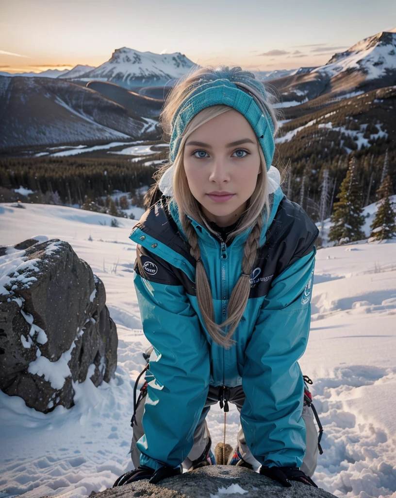 An adventurous 30-year-old woman of Icelandic origin boasts a shoulder-length mane of platinum blonde hair and a petite, athletic physique. Her hazel eyes sparkle with determination, reflecting her love for exploration. She crawls on the top of the snow rocky mountain with beautiful view behind and sunset. Snowy rock climbing is her passion. She has vibrant turquoise and gray climbing clothes and accessories.