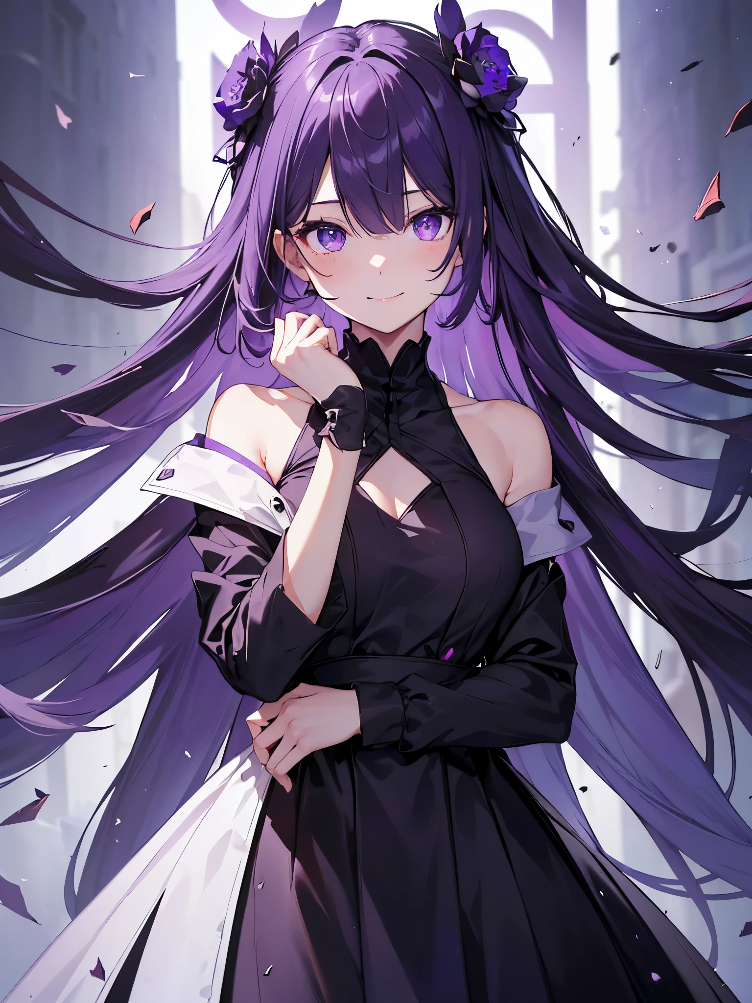 (debris flies, highest quality, ultra high resolution),1 girl,(black dress beautiful、detailed face, fine eyes,((white and purple theme)),standing in front of a pure white wall、facing forward,smile、smile,cheeks are red,whole body,Beautiful eyes that everyone envy