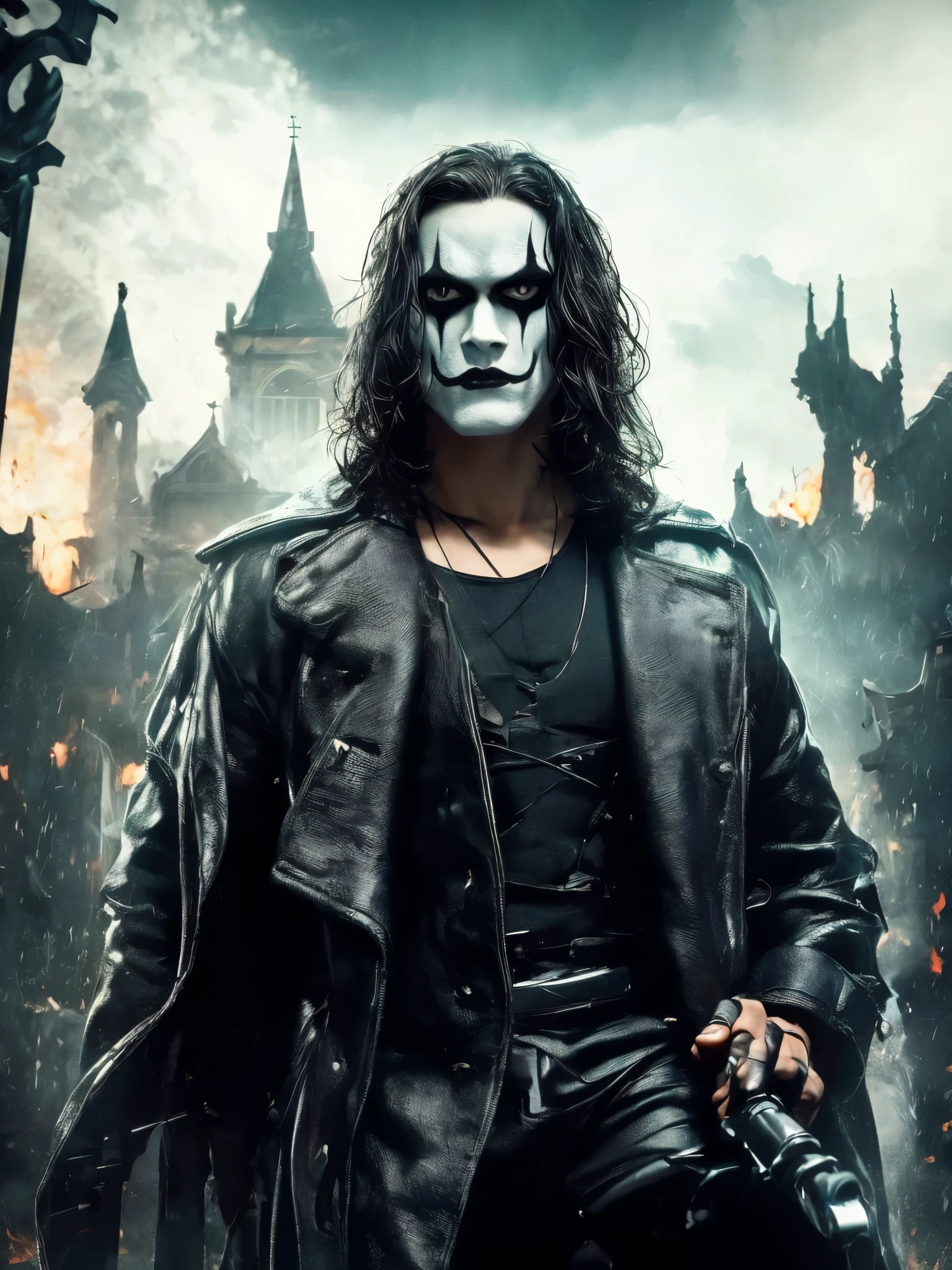 A cinematic poster of the character "The Crow". Half-body, The character is in the middle of a dark street, with a bright green light shining on him. (( The Crow V.IT Face, White face with black makeup )), The background is black with smoke. Wearing a The Crow Costume. The character is wearing a black overcoat, and black boots. He has long black hair and wears black makeup. He is holding a knife in his right hand. DETAILED FACE, intricaten. detailed pistol. Realism: The generated art should be realistic and highly detailed. Lighting: The lighting should be cinematic, with a bright red light shining on the character. Background: (((The background should be black with church on Fire))) 