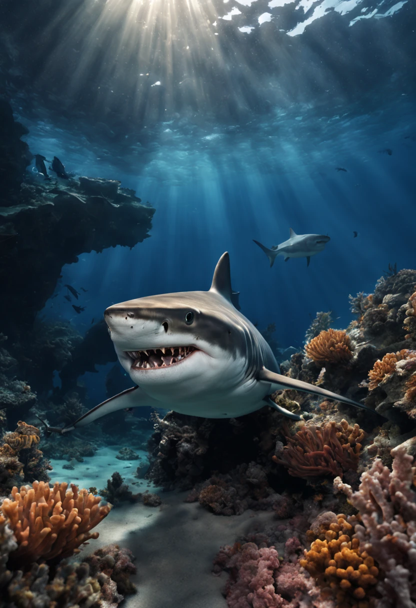 (best quality,4k,8k,highres,masterpiece:1.2),ultra-detailed,(realistic,photorealistic,photo-realistic:1.37),professional,underwater photography,shark emerging from a cave deep in the ocean,deep sea exploration,marvelous underwater world,dark blue water,sunlight piercing through the water,shimmering rays of light,underwater rock formations,coral reefs in the distance,diver with scuba gear,capturing the moment,crystal clear visibility,huge menacing shark,fierce predator with sharp teeth,ominous presence,strong and powerful creature,graceful and agile movements,shark's sleek and streamlined body,glistening scales,translucent caudal fin,sharp and piercing eyes,cautious and watchful gaze,drops of water splashing around,soft currents gently swaying seaweed,vibrant and colorful marine life,peaceful and serene atmosphere,dramatic underwater landscape,thrilling and awe-inspiring,perfectly timed shot.