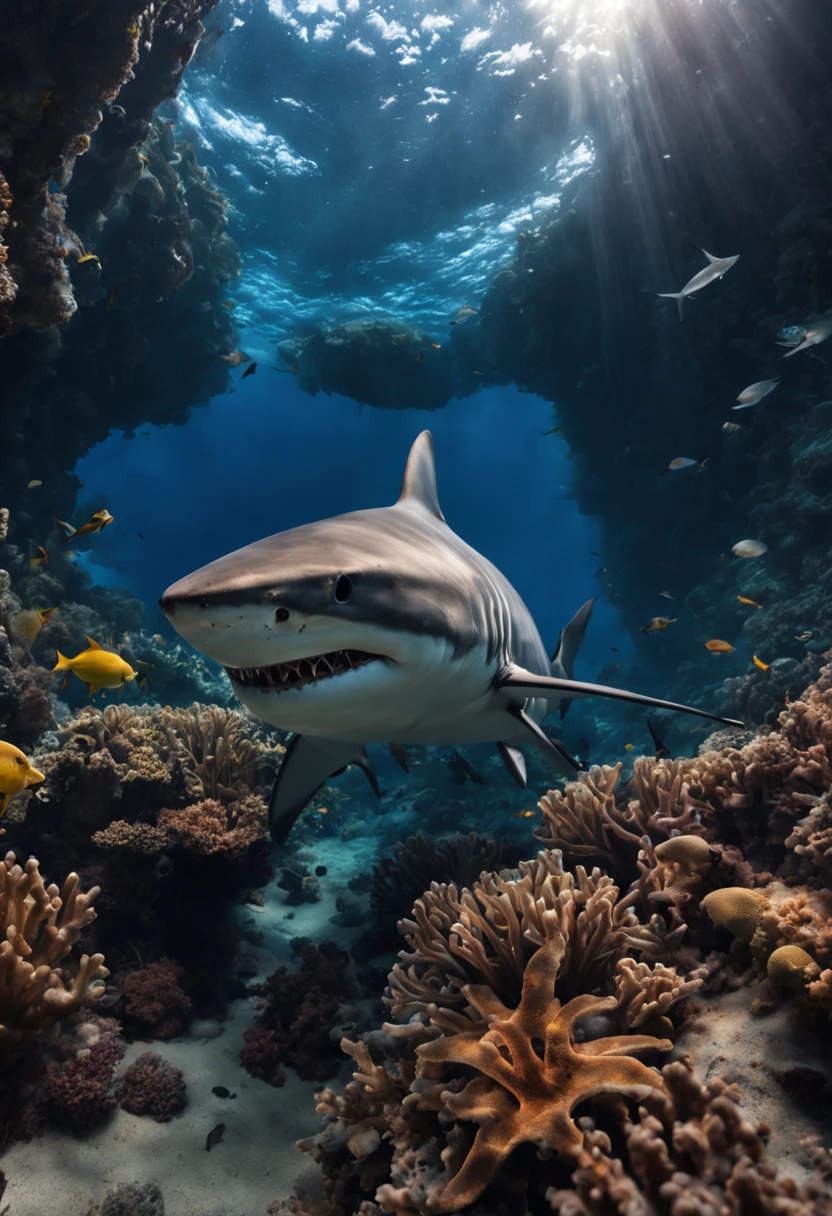 (best quality,4k,8k,highres,masterpiece:1.2),ultra-detailed,(realistic,photorealistic,photo-realistic:1.37),professional,underwater photography,shark emerging from a cave deep in the ocean,deep sea exploration,marvelous underwater world,dark blue water,sunlight piercing through the water,shimmering rays of light,underwater rock formations,coral reefs in the distance,diver with scuba gear,capturing the moment,crystal clear visibility,huge menacing shark,fierce predator with sharp teeth,ominous presence,strong and powerful creature,graceful and agile movements,shark's sleek and streamlined body,glistening scales,translucent caudal fin,sharp and piercing eyes,cautious and watchful gaze,drops of water splashing around,soft currents gently swaying seaweed,vibrant and colorful marine life,peaceful and serene atmosphere,dramatic underwater landscape,thrilling and awe-inspiring,perfectly timed shot.