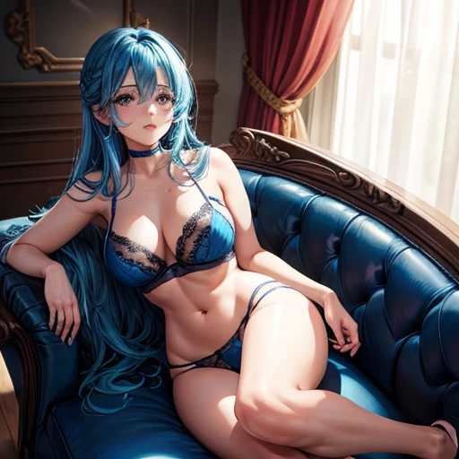 Chica en sus 20, wearing blue lingerie lying on a sofa. Tiene el cabello azul celeste y ojos de color violeta, tambien tiene buen cuerpo y senos grandes.