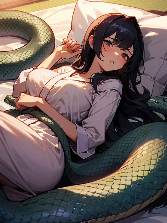 girl lays on a bed, 1girl, solo, breasts, ,black hair, long hair ,((lying on back)), (pajamas:1.0), white pajamas, (Background: Bedroom with tatami mats), on the bed sheet, lying, on back, (large breasts), flustered, surprised, (upset:1.0), parted lips, sweat, (snakes 1.5), (anaconda), (big snake), (snake tail),pretty girl, (looking up:1.0), night, steam, best quality,detailed,high resolution,