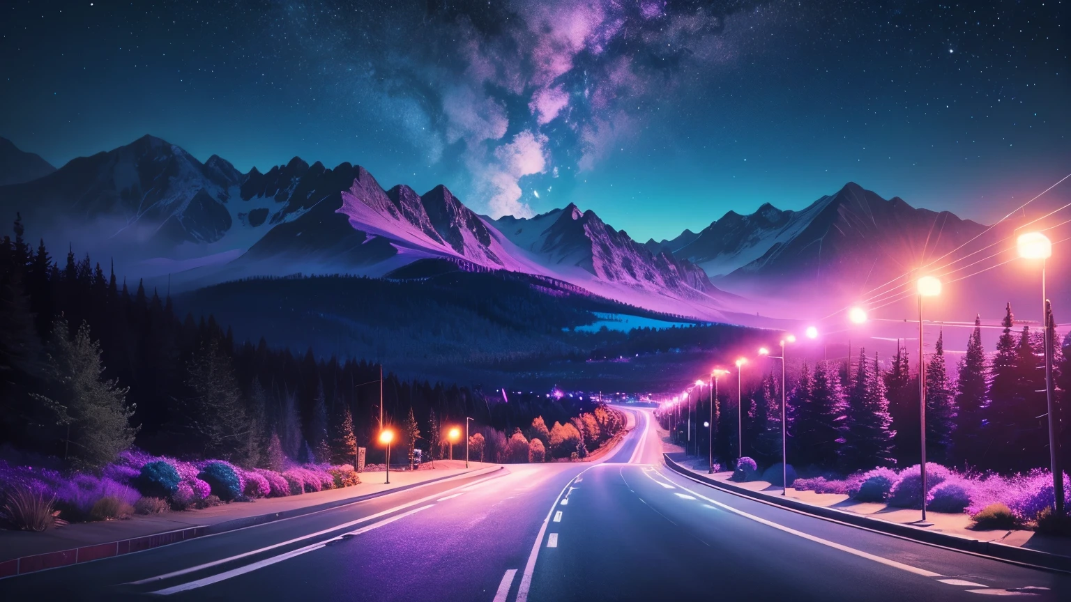 vibrant color retrowave, purple, blue, pink street car run, mountains starry night background, detailed road, flora landscape.