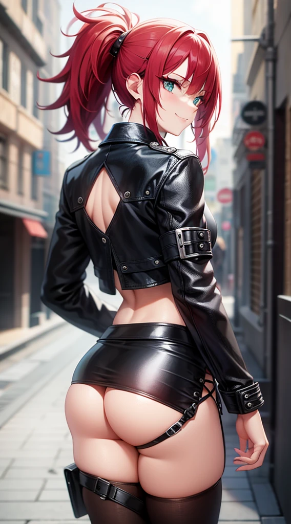 young girl, long red hair, punk haircut, turquoise eyes, Scars, punk make-up, leather jacket, Burns, madness, smirk, Masterpiece, highly quality, show ass, tiny ass, thin leg, butt holding, pussy, naked