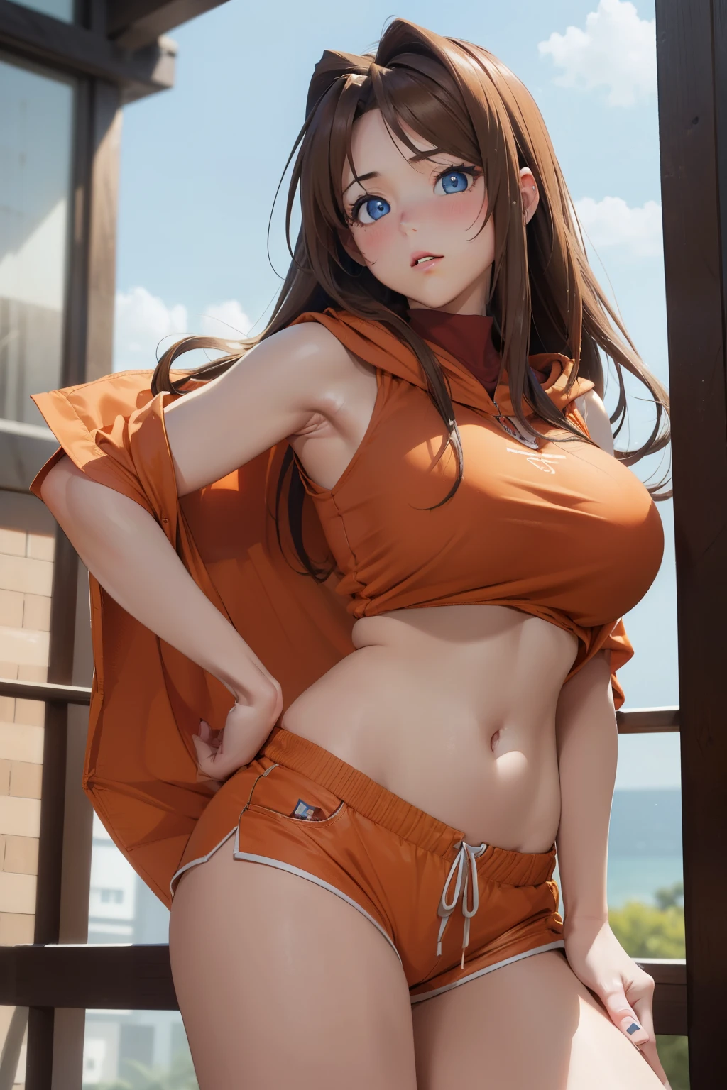 (masterpiece, best quality, cinematic, photorealistic, ultra-detailed), 1girl, thicc, (medium shot, from below:1.5), (Naru Narusegawa of Love Hina, (long and dark brown hair, loose and flowing locks hair), perfect hands, perfect face, (huge breasts:1.4), round ass, (wears fitted orange hooded jacket), (wears sleeveless shirt and short shorts:1.2), (seductive pose), (blue eyes, detailed pupils, blushing, slightly parted lips, nude lips)