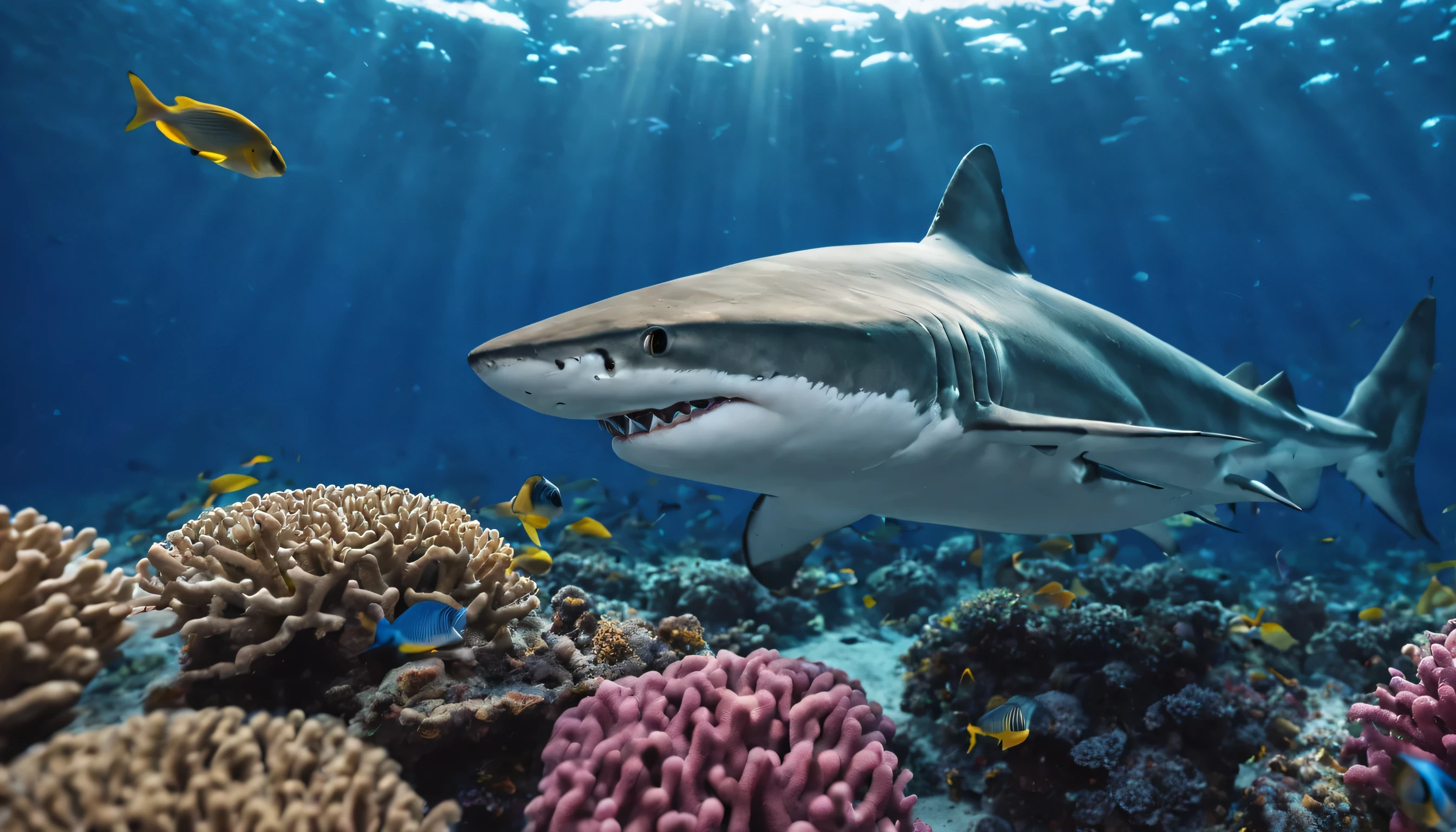 (ultra-detailed),(masterpiece),8k,(a shark),centered,tropical fishes,coral,water bubbles,(sharp focus),(gorgeous color grading),intricate,cinematic lighting,underwater photography,harmonious colors,happy,majestic,divine proportion